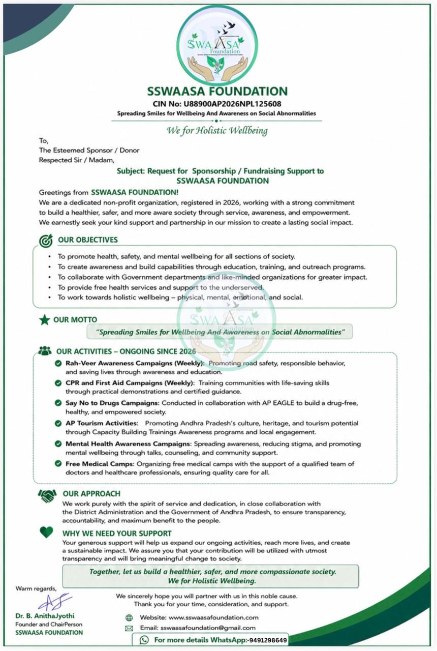 SSWAASA Foundation sponsorship and fundraising request letter — Spreading Smiles for Wellbeing and Awareness on Social Abnormalities